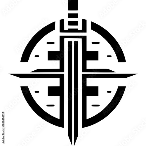 Sword and Geometric design: An artistic interpretation of a sword centered within a geometric form, offering a modern and symbolic representation.
