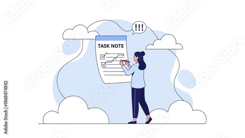 Woman writing on task note checklist, planning, organizing, business concept
