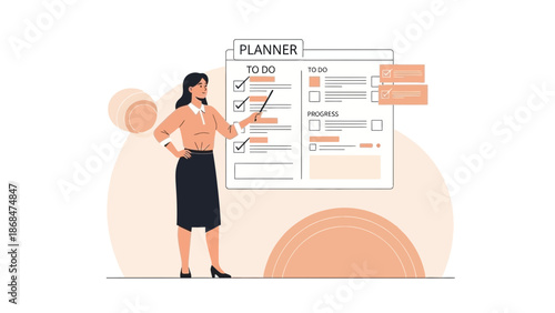 Businesswoman pointing at a planner with to-do list and progress tracker