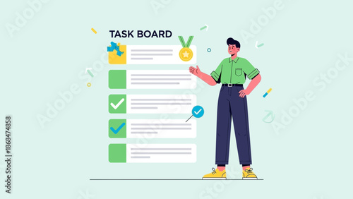 Man Standing Next to Task Board with Checklist, Goals, and Achievement Medals