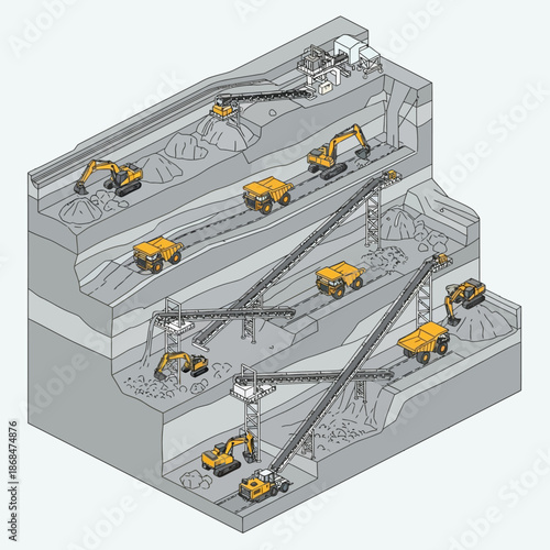 Open-pit mining operation with heavy machinery and conveyor belts.