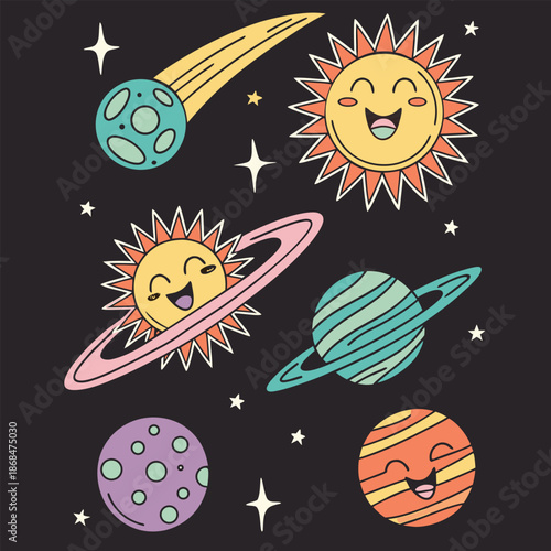 space Cartoon pattern featuring planets, stars, and rockets on a dark background. 
