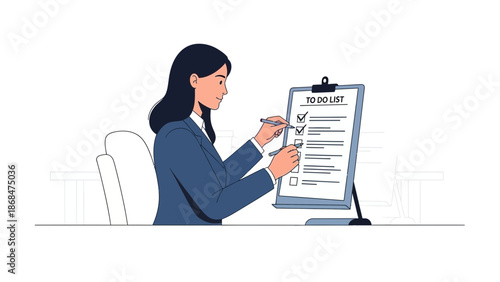 Businesswoman checking to-do list on clipboard, planning tasks and goals, efficient work concept.