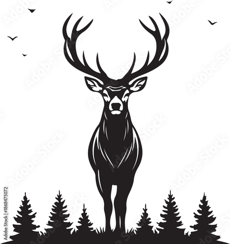 Majestic Deer Stag in Forest Silhouette – Wildlife Nature Vector Illustration.