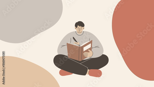 Man writing in book, relaxed pose, abstract background, learning, creativity