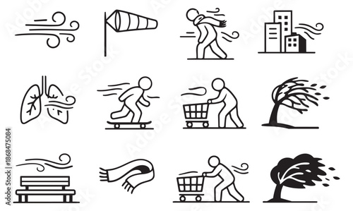Line art wind icons set featuring weather conditions, nature, and people's activities for environmental and meteorological themes