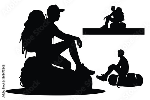 Silhouette of people sitting with backpacks travel