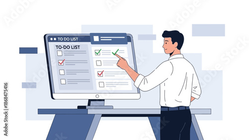 Man checks off tasks on computer to-do list, organization and productivity concept