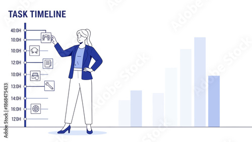 Businesswoman planning timeline with icons and bar chart graph