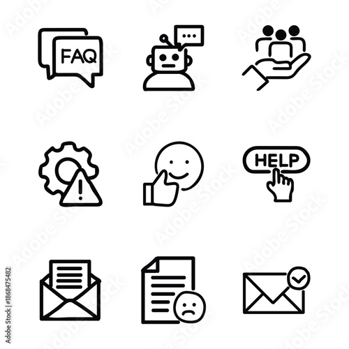Support icon set. Containing customer service, help, call center, hotline, live chat, assistance, technical, communication, FAQ, information and more. Editable line icons. Vector illustration.