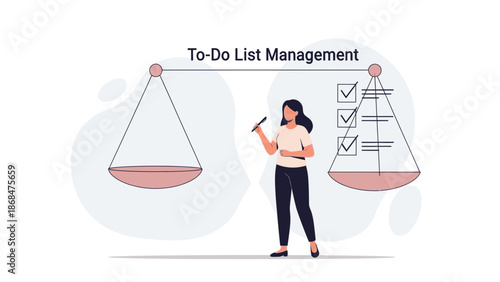 Woman Balancing To-Do List with Scales, Productivity Concept