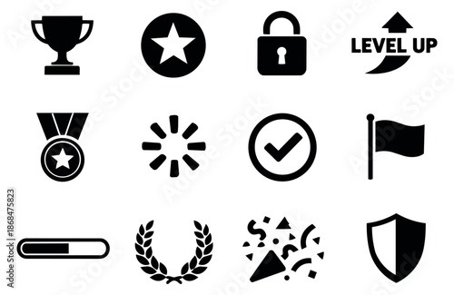 Modern flat achievement and reward icon set featuring a trophy, medal, level up, and shield for success and competition