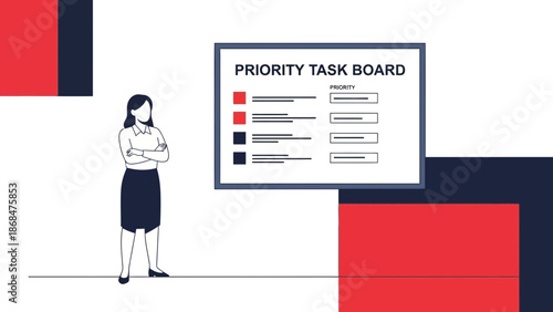 Businesswoman standing near priority task board, planning and organization concept