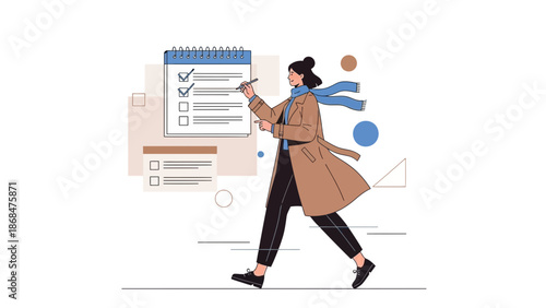 Woman checking tasks on checklist, modern illustration, planning and organization concept