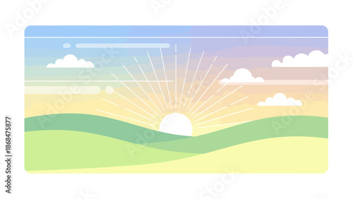 Sunrise over rolling green hills with vibrant colorful sky