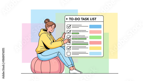 Young woman checking items on a to-do task list, planning and organization concept