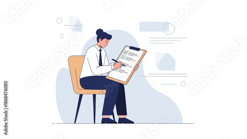 Businesswoman checking tasks on checklist clipboard, sitting on chair, modern flat illustration
