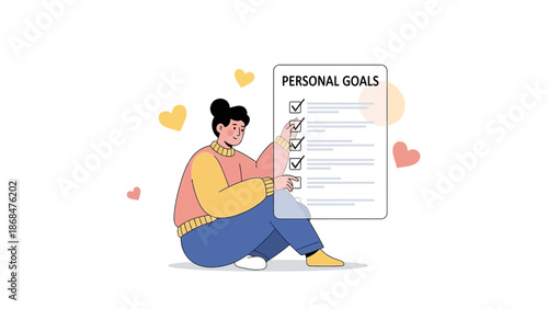 Woman Checking Personal Goals List, Motivation and Achievement Concept
