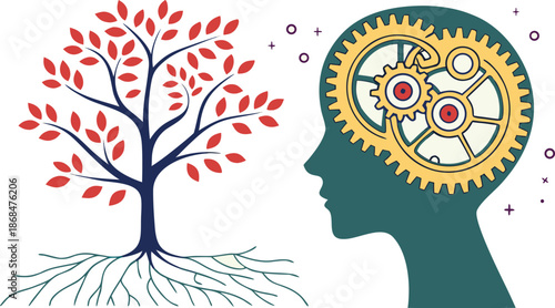 Conceptualizing Cognitive Growth: An artistic illustration juxtaposes the interconnectedness of knowledge and nature, presenting a tree and the human mind. The fusion of intellect and nature.