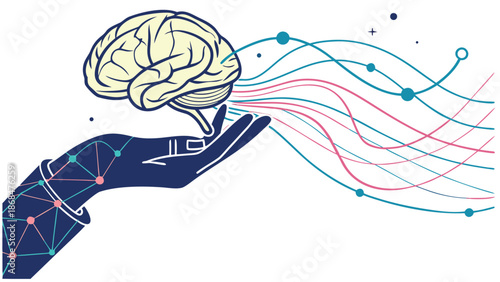 Brain in Hand: A graphic representation of a human hand delicately holding a brain, with flowing lines depicting neural pathways, creating a symbol of intellect and innovation.