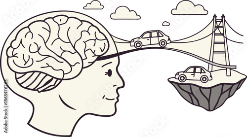 Brain Bridge to the Future: The mind's eye creates a visual bridge, symbolizing a journey of thoughts and ideas