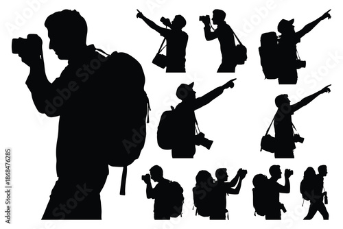 Silhouettes of people taking with cameras and pointing