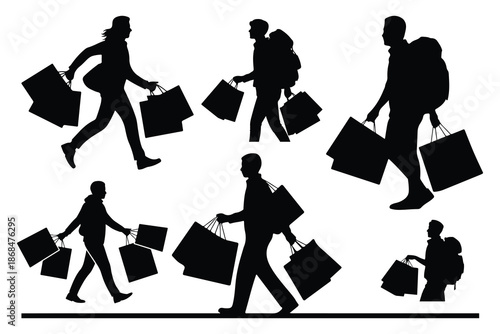 Silhouettes of people carrying shopping bags in various poses