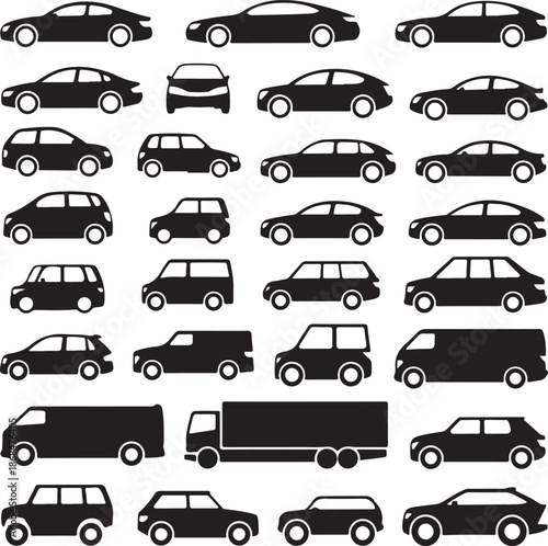 black cars and trucks on white background