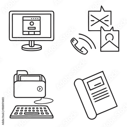 Hand drawn business people icon set with money, home, phone and computer symbols in vintage sketch style illustration