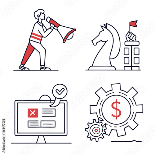 Hand drawn business people icon set with money, home, phone and computer symbols in vintage sketch style illustration