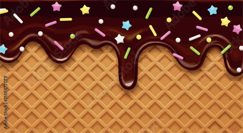 এসইও-ফ্রেন্ডলি টাইটেল (SEO-Friendly Title): Vector illustration of melting dark chocolate glaze with colorful sprinkles dripping over a crispy waffle texture background.
