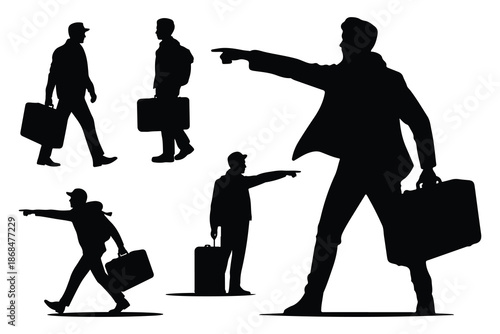 Silhouettes of people carrying luggage and pointing at each other