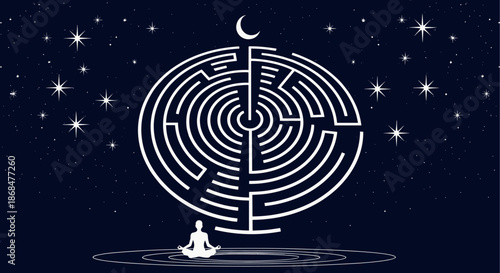 এসইও-ফ্রেন্ডলি টাইটেল (SEO-Friendly Title): Mystical vector illustration of a person meditating in front of a giant circular labyrinth under a starry night sky with a crescent moon.