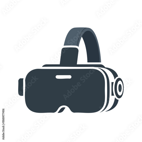 A dark blue and white virtual reality headset on a plain white background with a simple graphic design.