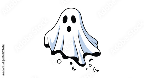 Cute cartoon ghost with a surprised expression floating over bubbles and crescent moons, perfect for Halloween illustrations.