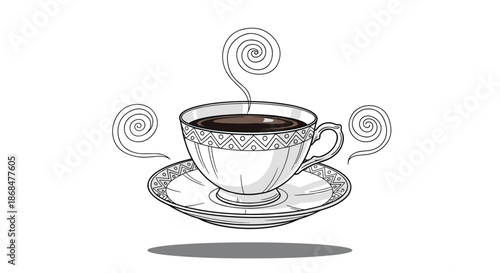Hand-drawn illustration of a steaming hot cup of coffee in an ornate teacup, floating above a shadow on a white background.