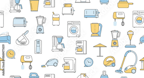 Seamless pattern featuring a wide variety of household appliances like toasters blenders vacuum cleaners and more.