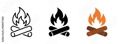 Campfire icon. Outdoor fire with wooden logs symbol. Camping and hiking concept. Bonfire pictogram for adventure, wilderness trips, campsite activities and outdoor travel.