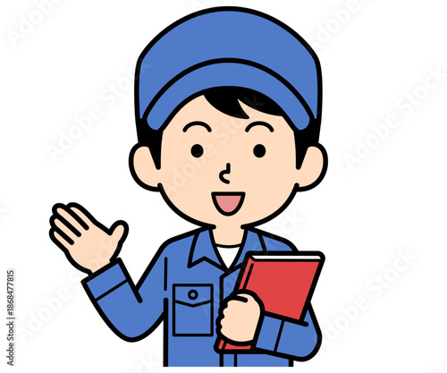 ファイルを持って案内するシンプルな作業員の男性