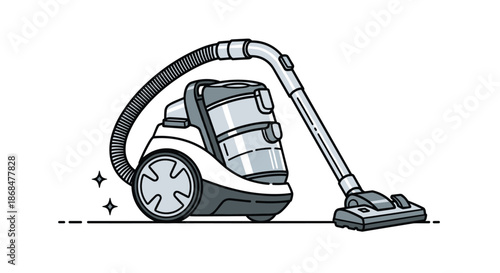 Detailed illustration of a modern white and gray vacuum cleaner with sparkling stars representing a clean home.