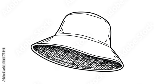 Hand-drawn sketch of a classic bucket hat with cross-hatching texture on the inner brim, isolated on a white background.