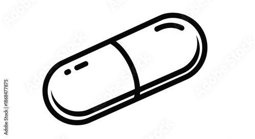 Simple black outline illustration of a medical pill or capsule, a minimalist icon for pharmacy and healthcare concepts.