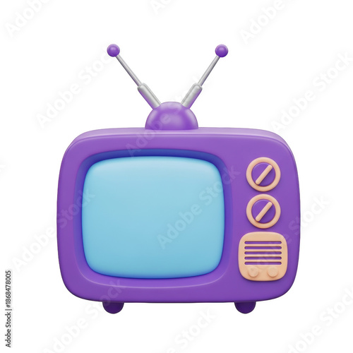 Purple retro television with antennas isolated on transparent background