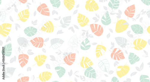 Soft pastel seamless pattern featuring tropical leaf shapes in orange teal yellow and gray on a white background.