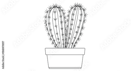 Black and white outline drawing of a twin-stemmed barrel cactus in a simple pot for coloring or botanical design.