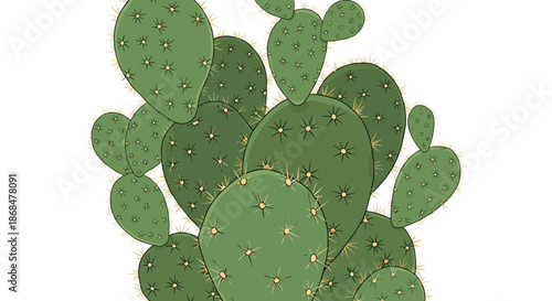 Close up detailed illustration of a large prickly pear cactus with many overlapping green pads and small spines.