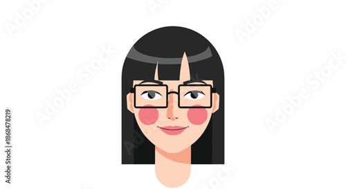 Flat design portrait of a smiling woman with black hair, bangs, and glasses, an avatar or user profile illustration.