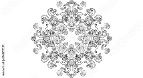 Intricate black and white abstract mandala pattern with circular and swirling elements, drawn in a detailed grunge sketch style.