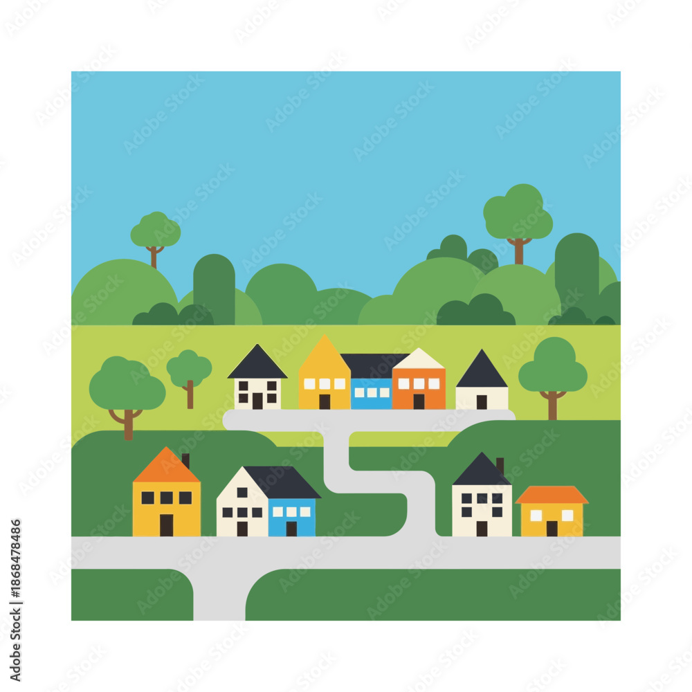 Fototapeta premium Flat design illustration of a colorful suburban neighborhood with houses, winding roads, green hills, and trees under a clear blue sky.