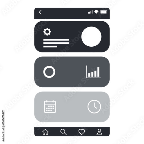 Mobile app interface design with various UI elements and navigation bar in a flat, monochromatic style.